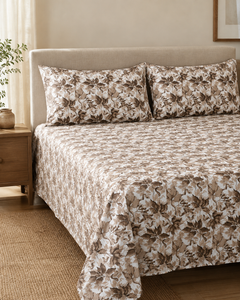 Taupe Foliage Cotton Bedsheet Set with two pillow covers