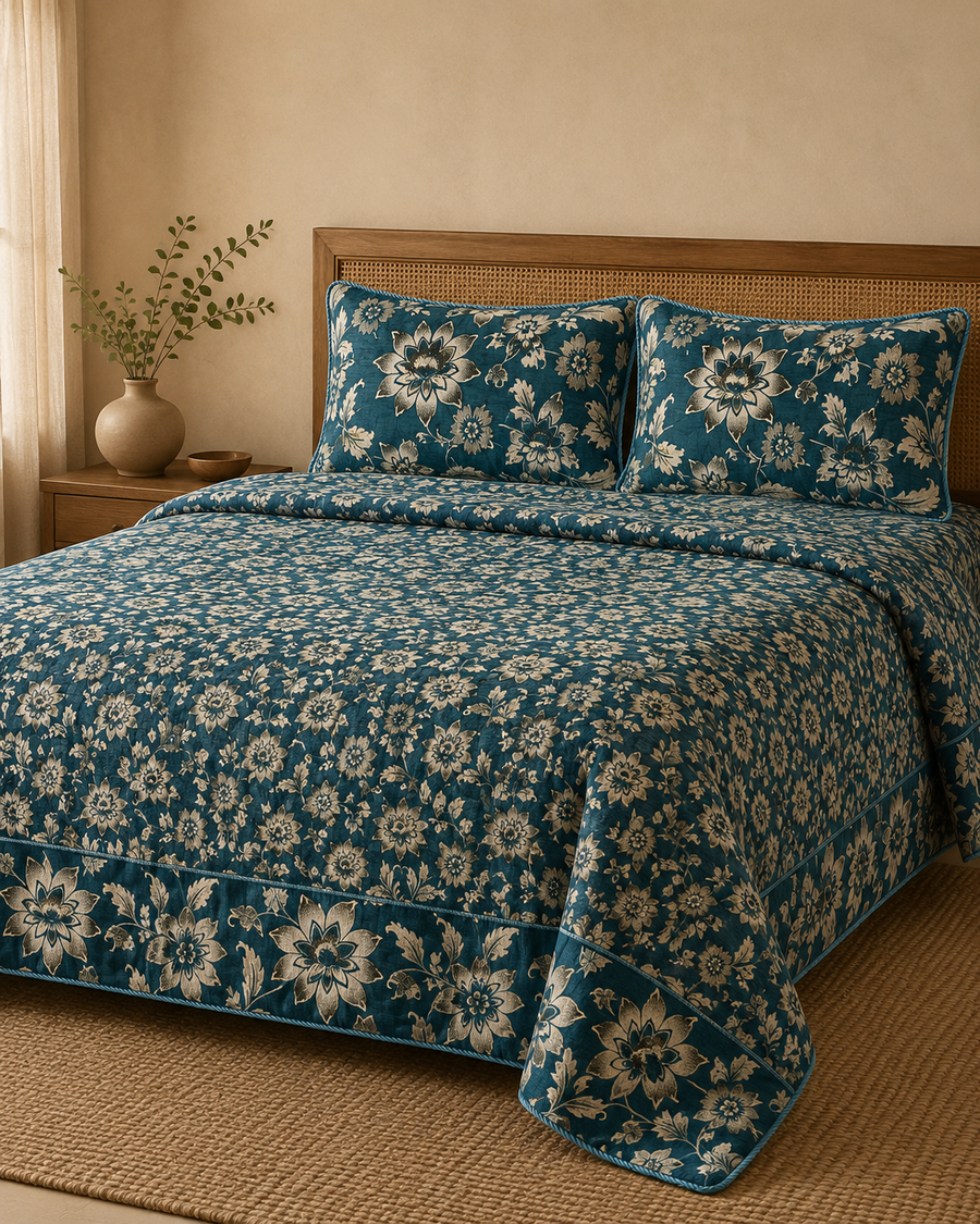 Teal floral velvet jacquard 4 piece King bedsheet set