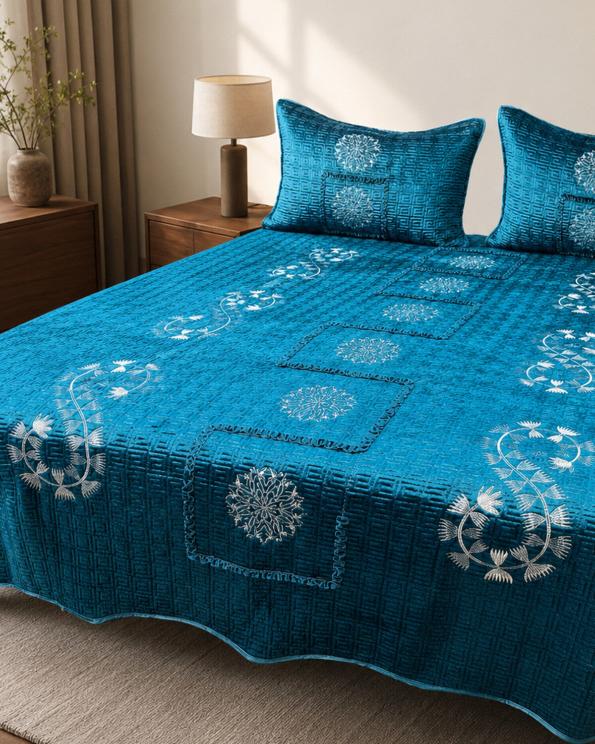 Teal Royale Embroidered Velvet Bedspread Set – 3 Piece – pattern detail