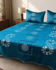 Teal Royale Embroidered Velvet Bedspread Set – 3 Piece – pattern detail
