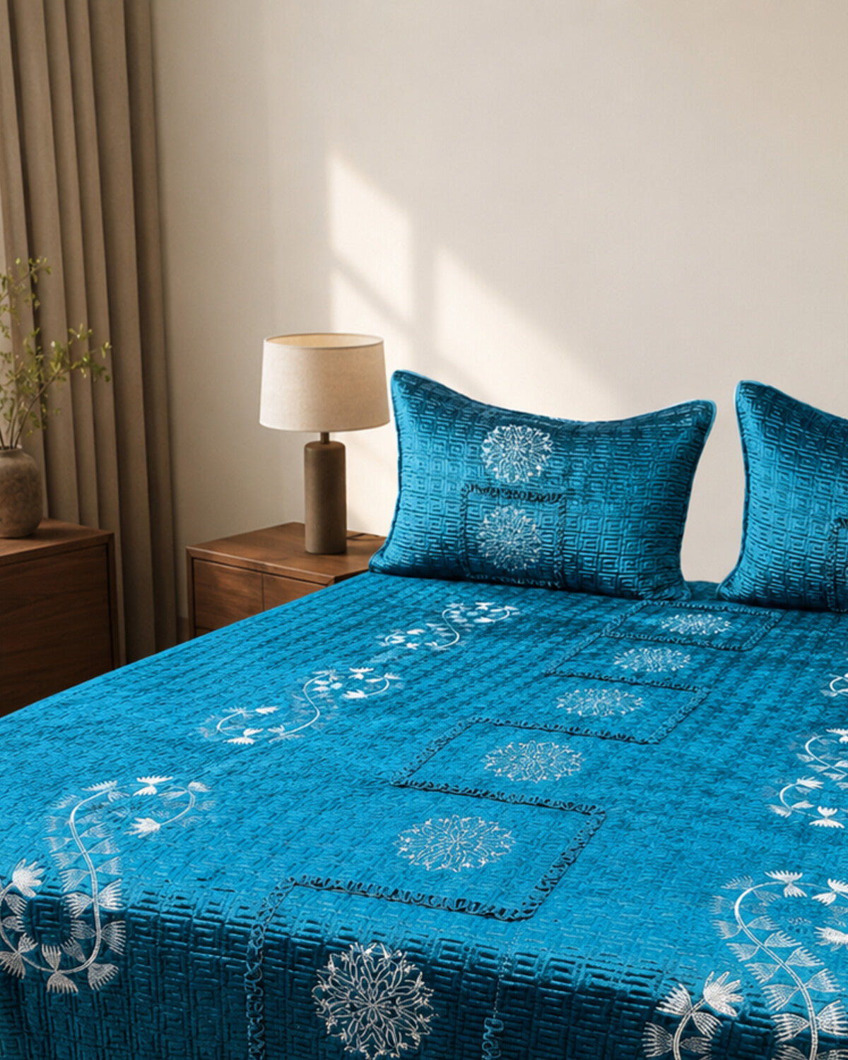 Teal Royale Embroidered Velvet Bedspread Set – 3 Piece – pillow detail