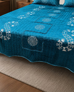 Teal Royale Embroidered Velvet Bedspread Set – 3 Piece – border and fabric detail