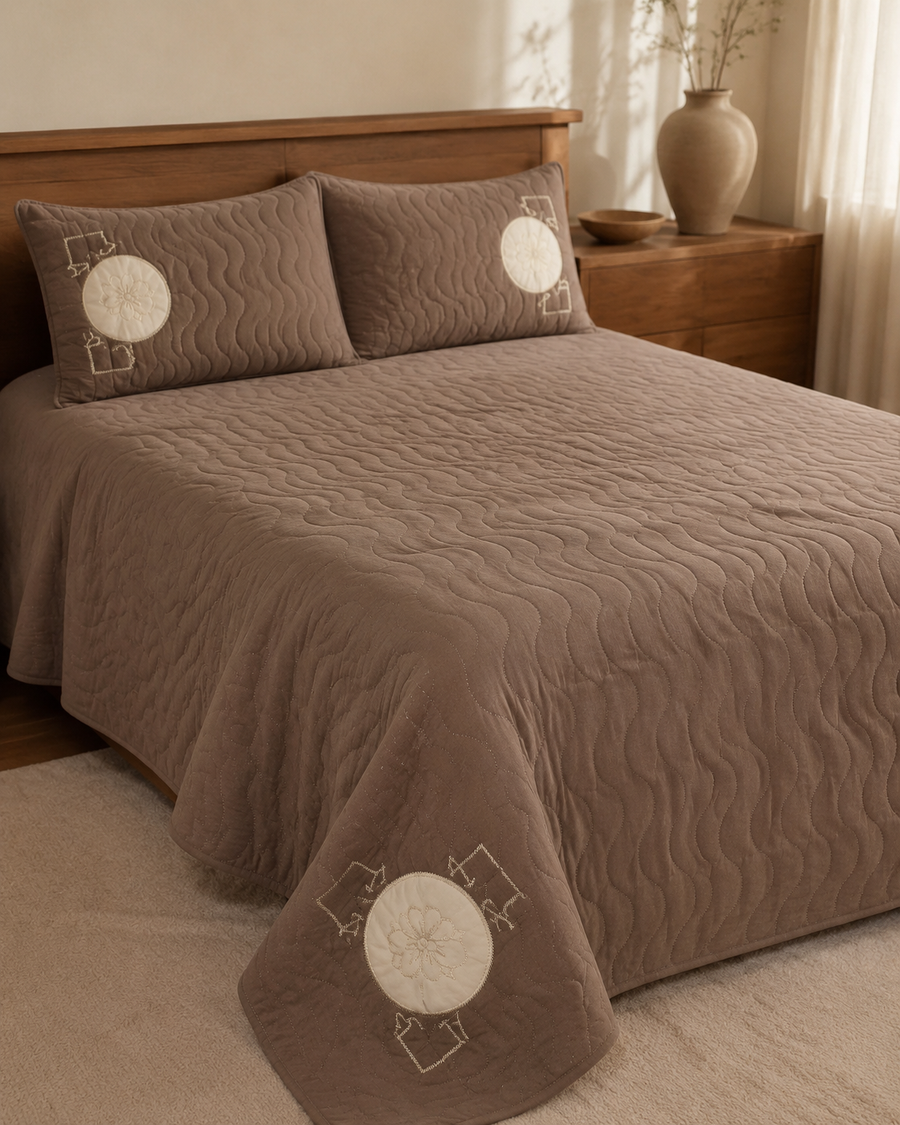 Warm Taupe Clover China Cotton Bedspread Set – 3 Piece – lifestyle hero
