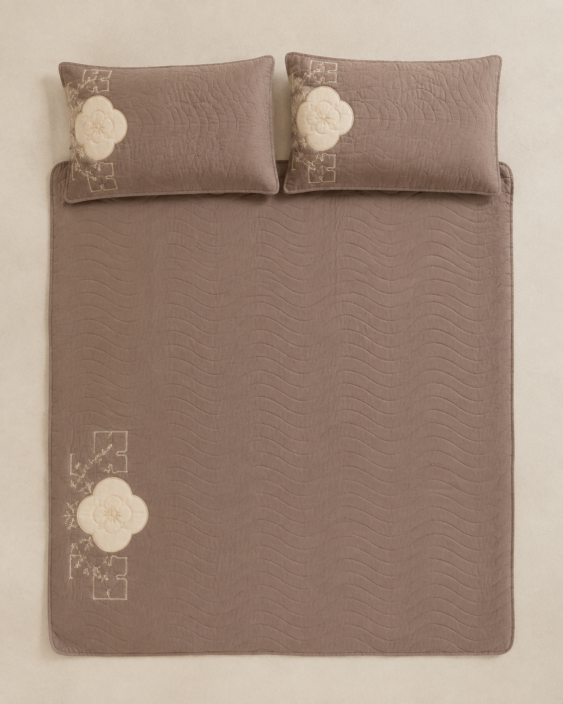 Warm Taupe Clover China Cotton Bedspread Set – 3 Piece – overhead view