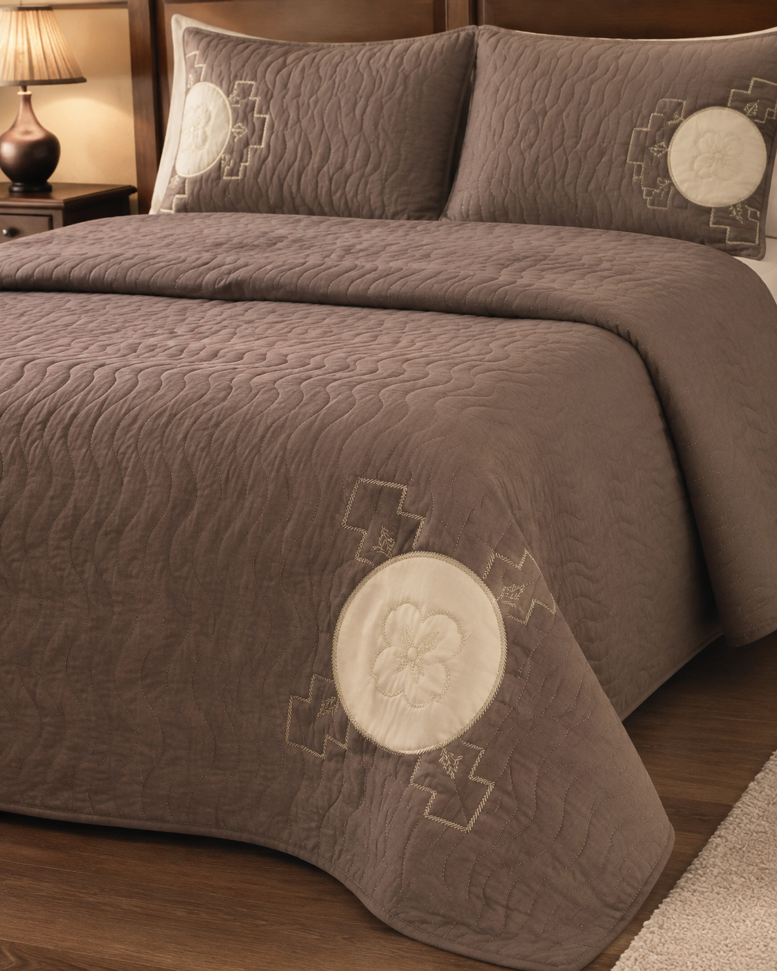 Warm Taupe Clover China Cotton Bedspread Set – 3 Piece – side-angle lifestyle