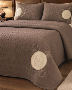 Warm Taupe Clover China Cotton Bedspread Set – 3 Piece – side-angle lifestyle