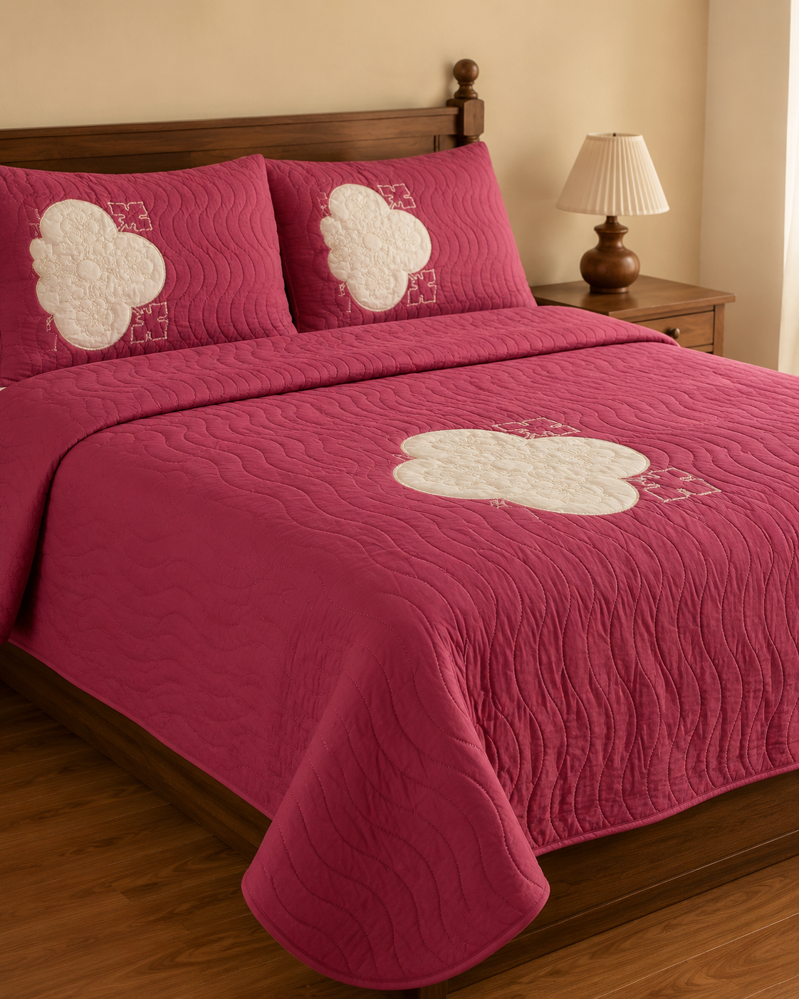 Wine Rose Clover China Cotton Bedspread Set – 3 Piece – side-angle lifestyle